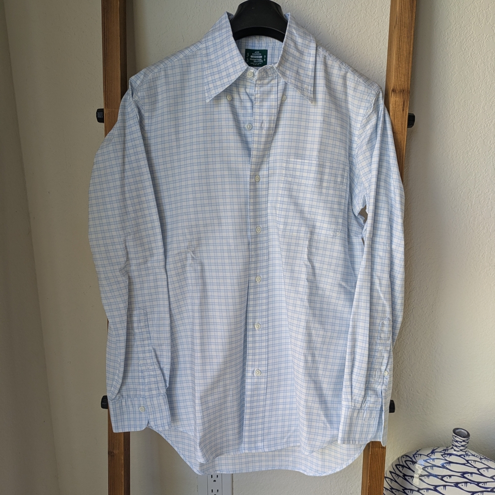 Madison Men's White and Light Blue Plaid Dress Shirt